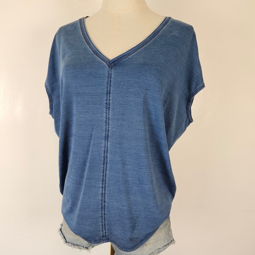White House Black Market Mineral Wash Dolman Tee Sz M Blue V-Neck WHBM Top